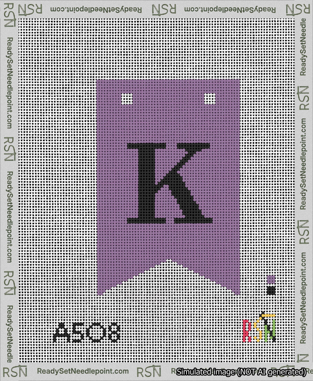 A taped needlepoint canvas with the design: Banner 13 mesh count Forked K Black on Purple.