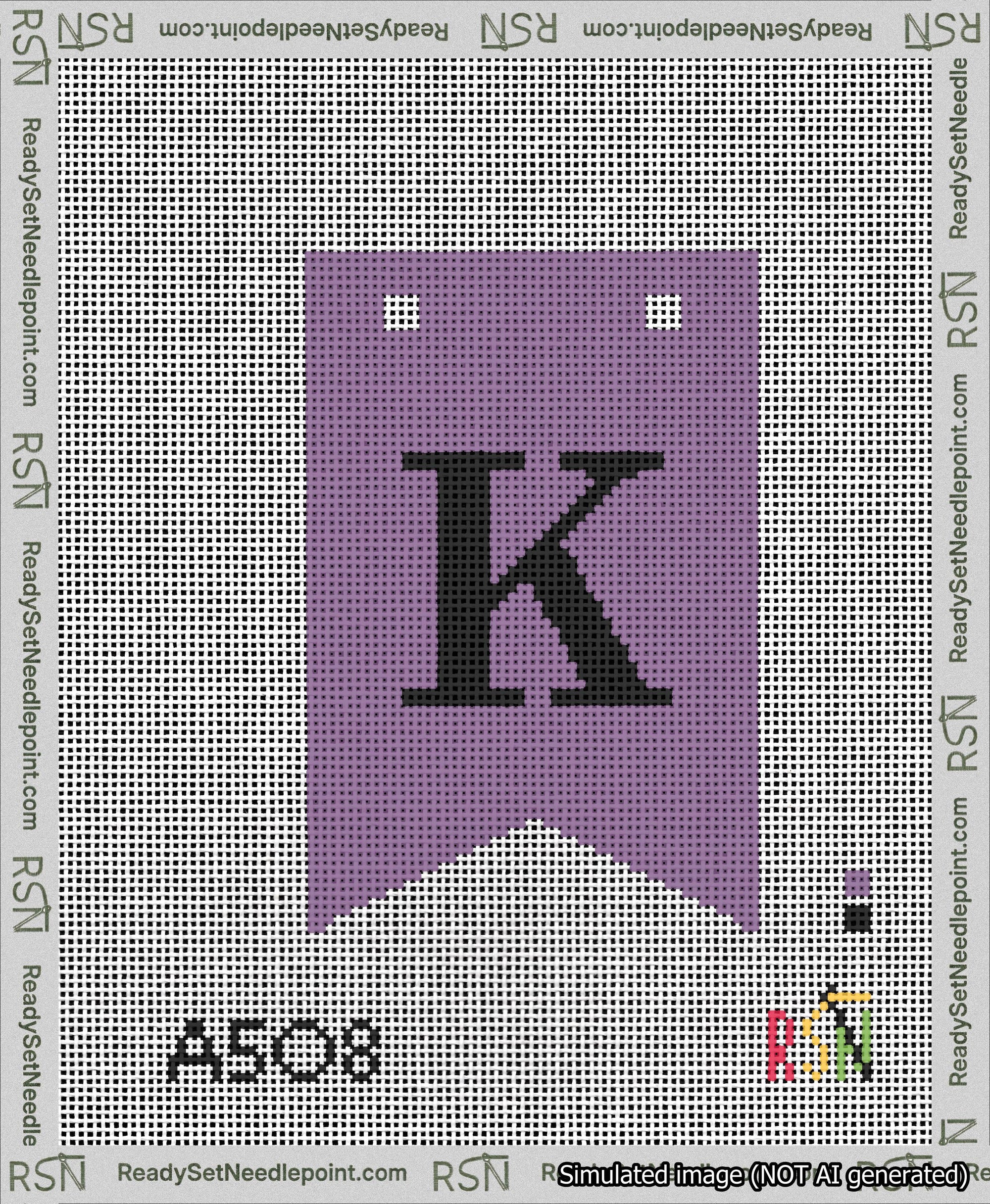 A taped needlepoint canvas with the design: Banner 13 mesh count Forked K Black on Purple.