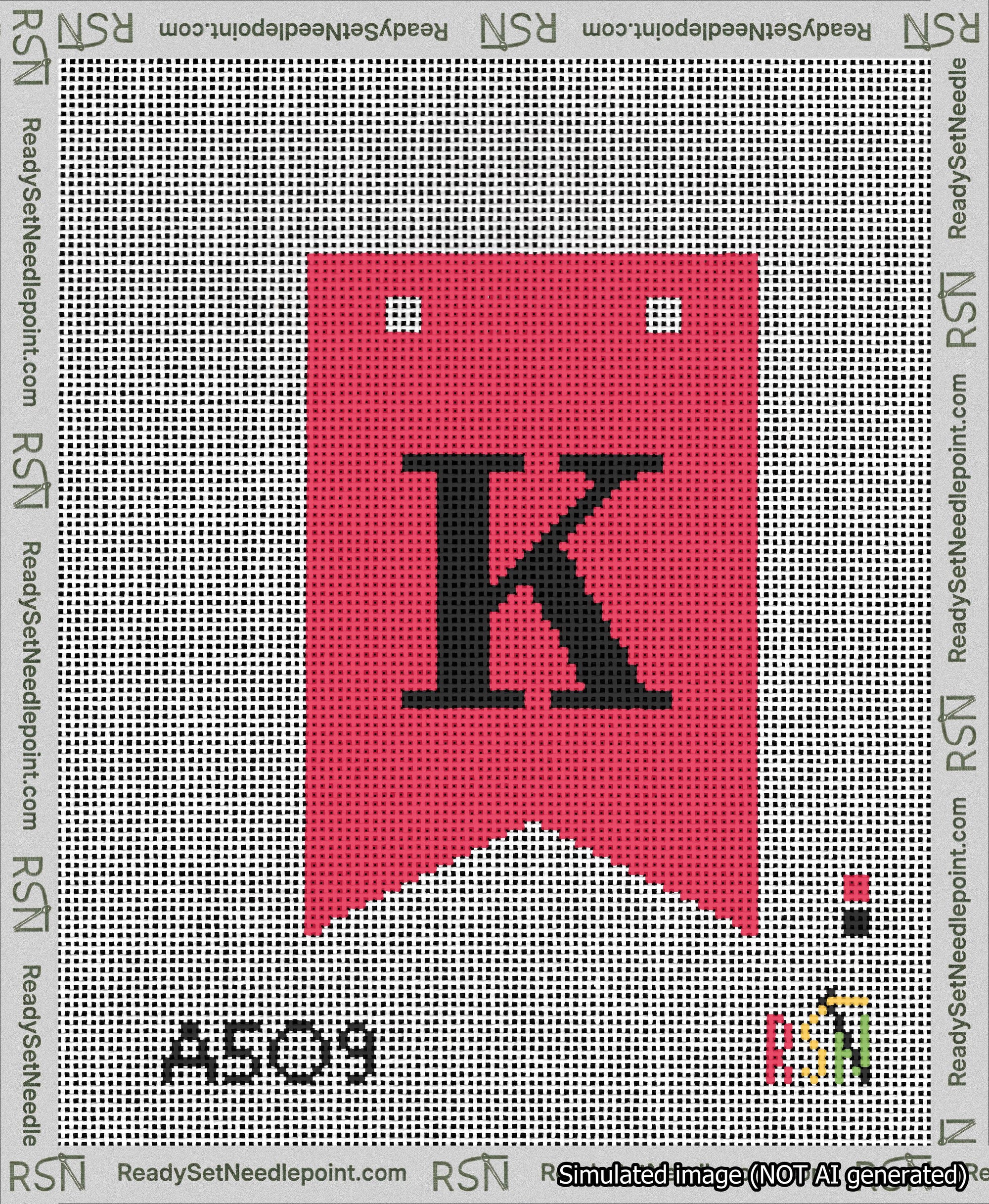 A taped needlepoint canvas with the design: Banner 13 mesh count Forked K Black on Red.