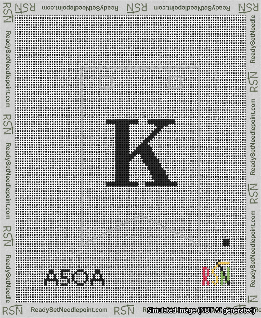 A taped needlepoint canvas with the design: Banner 13 mesh count Forked K Black on White.