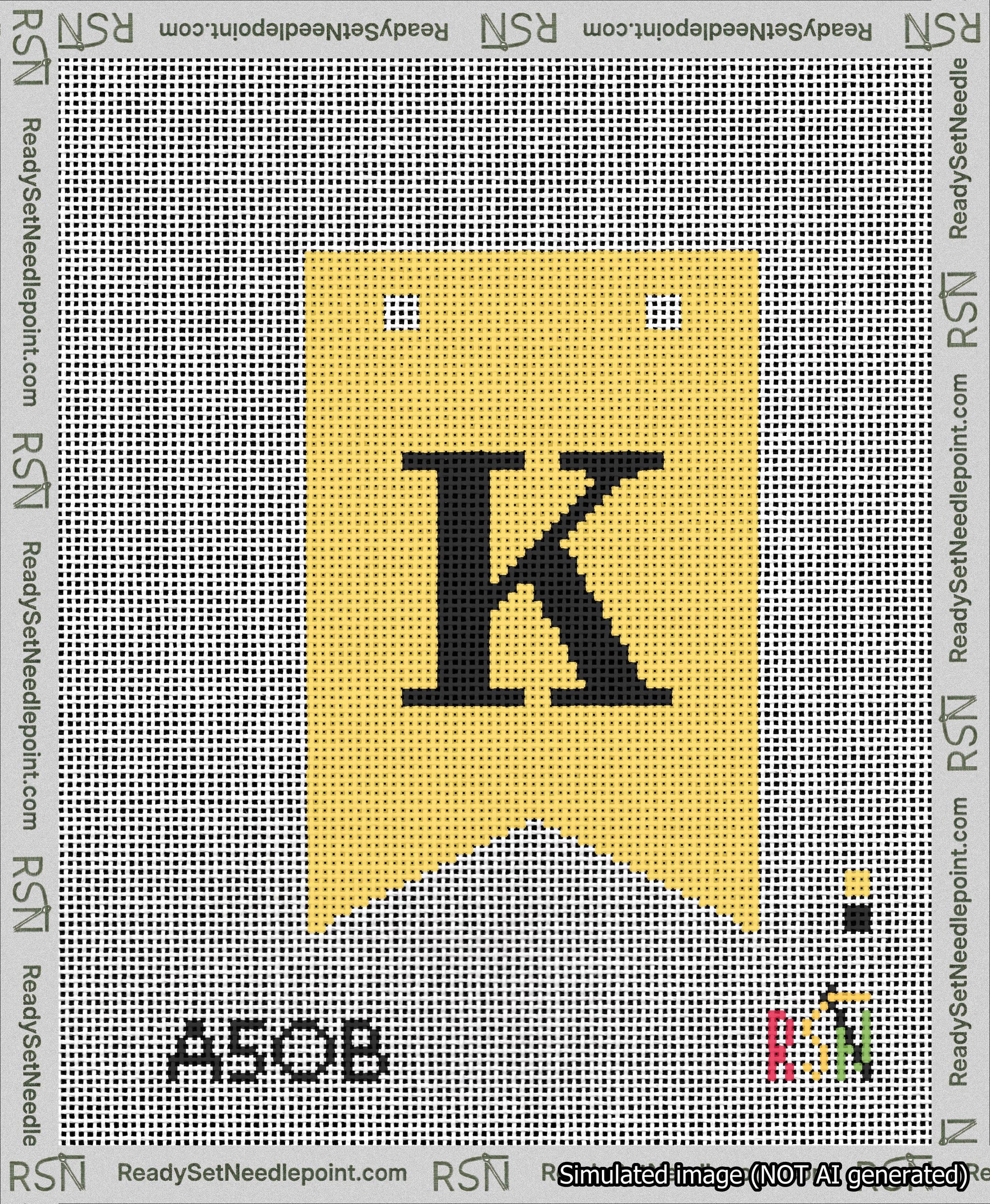 A taped needlepoint canvas with the design: Banner 13 mesh count Forked K Black on Yellow.