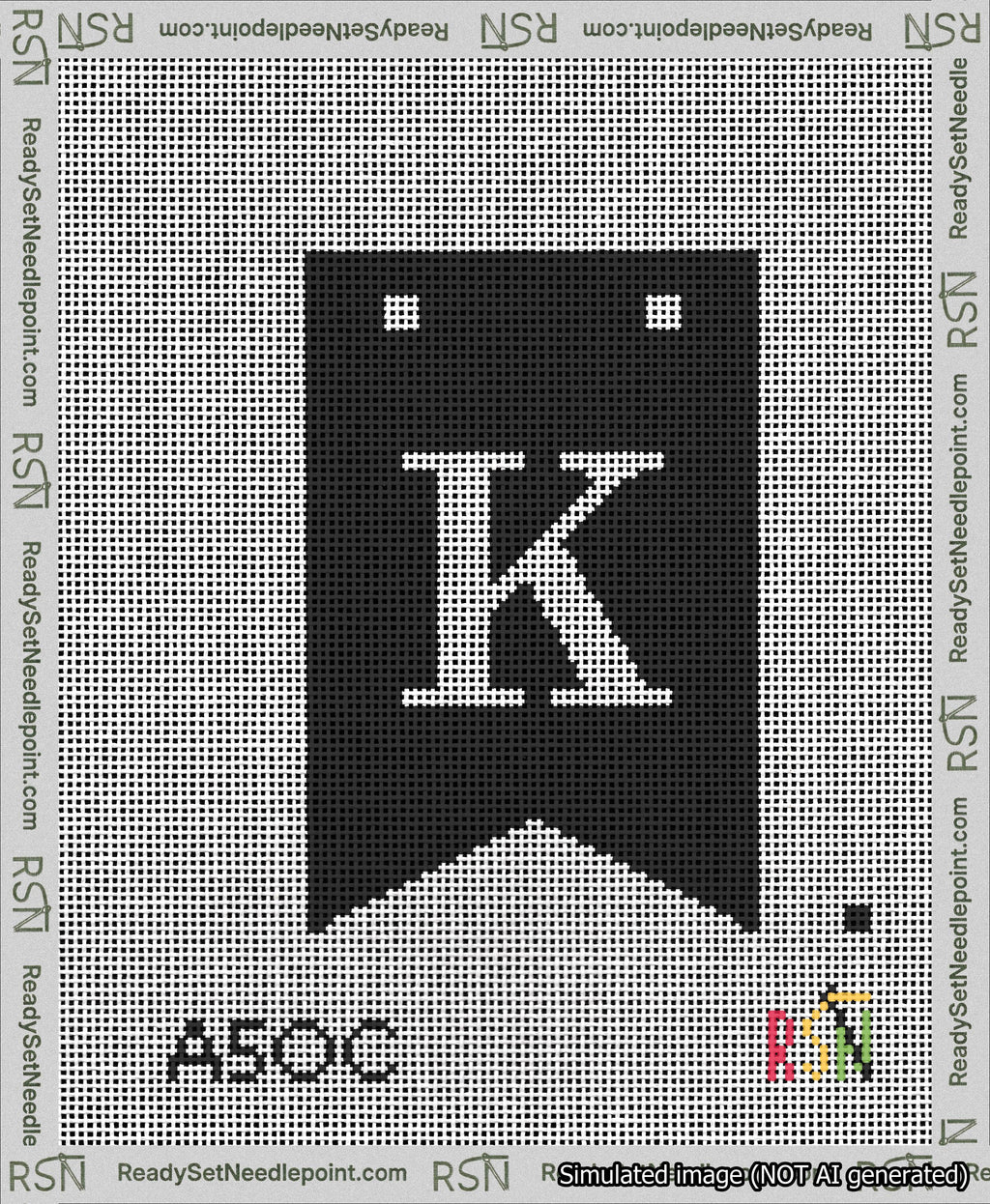 A taped needlepoint canvas with the design: Banner 13 mesh count Forked K White on Black.