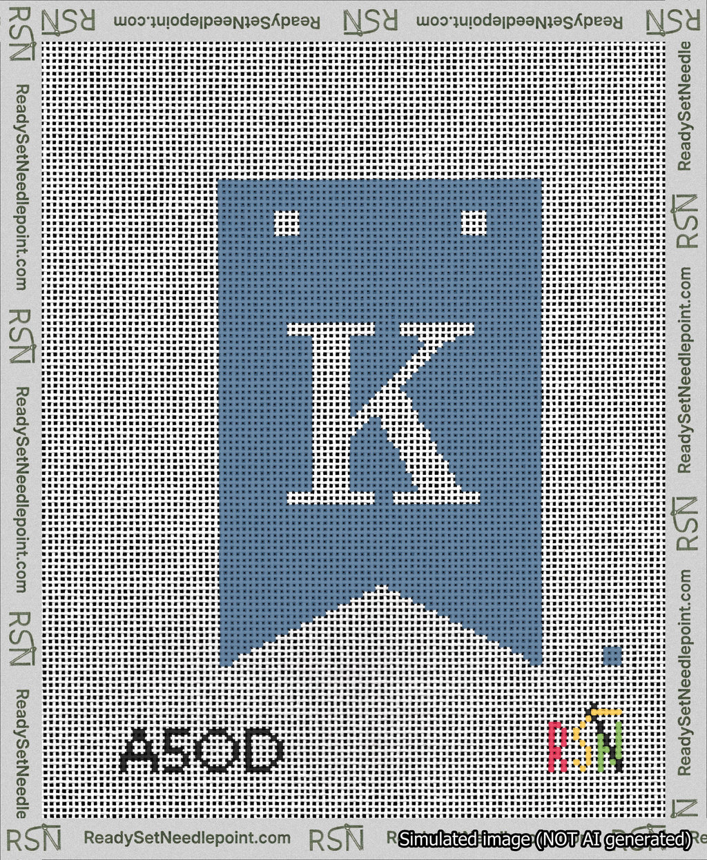 A taped needlepoint canvas with the design: Banner 13 mesh count Forked K White on Blue.