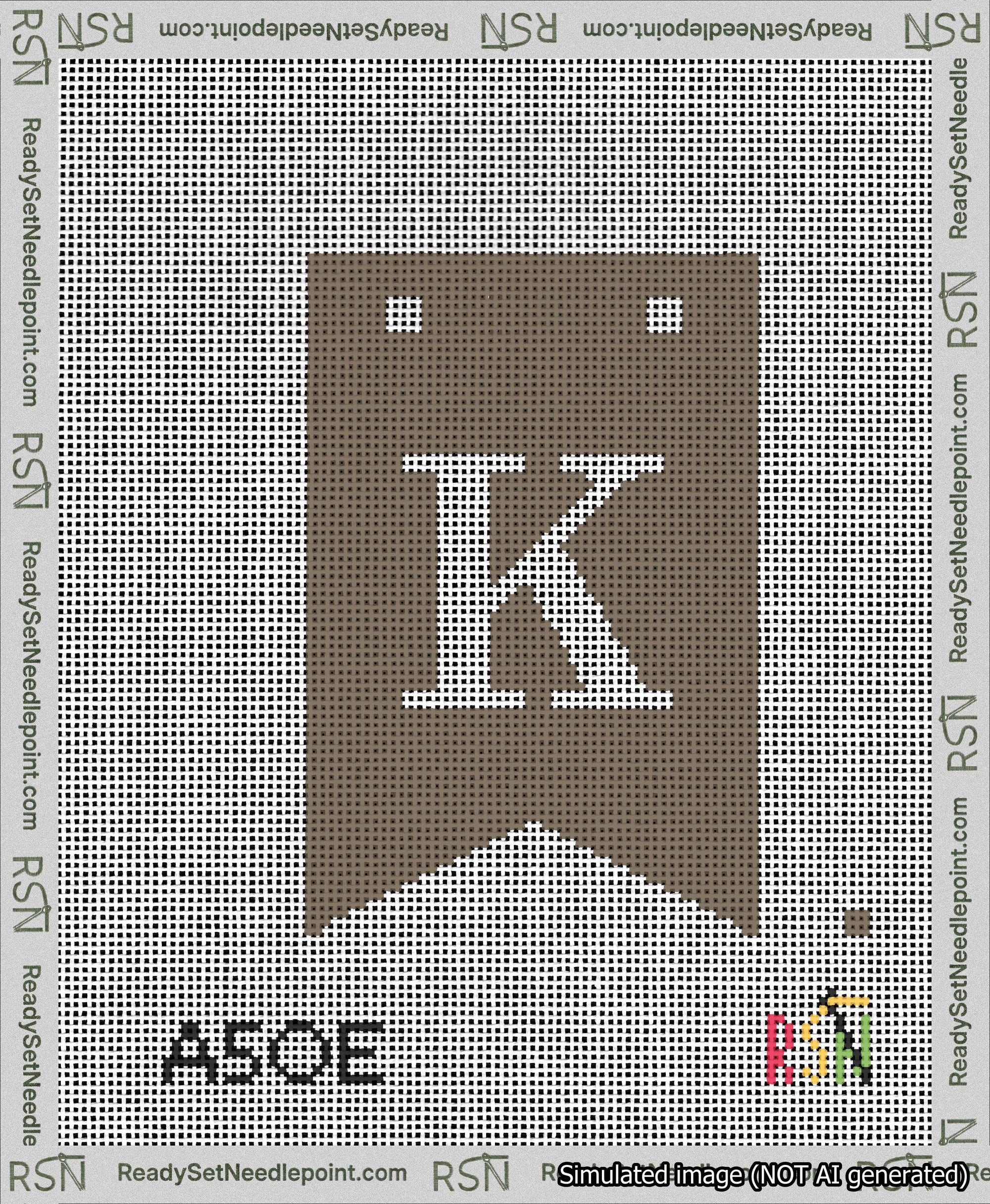 A taped needlepoint canvas with the design: Banner 13 mesh count Forked K White on Brown.