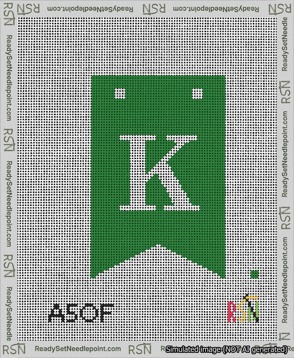 A taped needlepoint canvas with the design: Banner 13 mesh count Forked K White on Green.