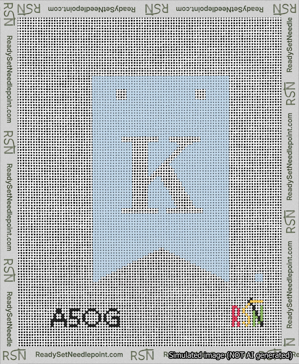 A taped needlepoint canvas with the design: Banner 13 mesh count Forked K White on Light Blue.