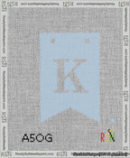 A taped needlepoint canvas with the design: Banner 13 mesh count Forked K White on Light Blue.