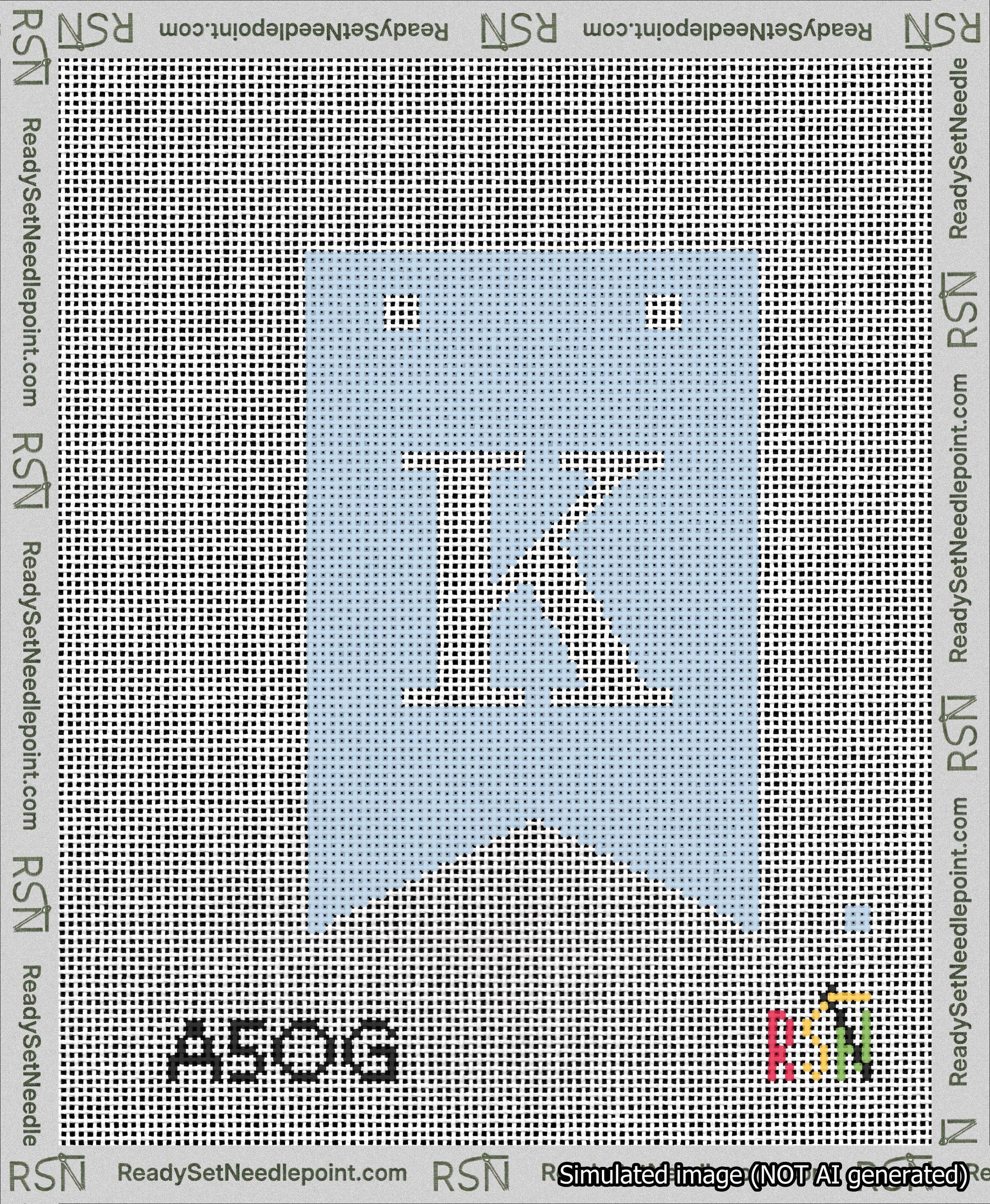 A taped needlepoint canvas with the design: Banner 13 mesh count Forked K White on Light Blue.