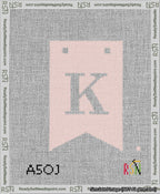 A taped needlepoint canvas with the design: Banner 13 mesh count Forked K White on Pink.