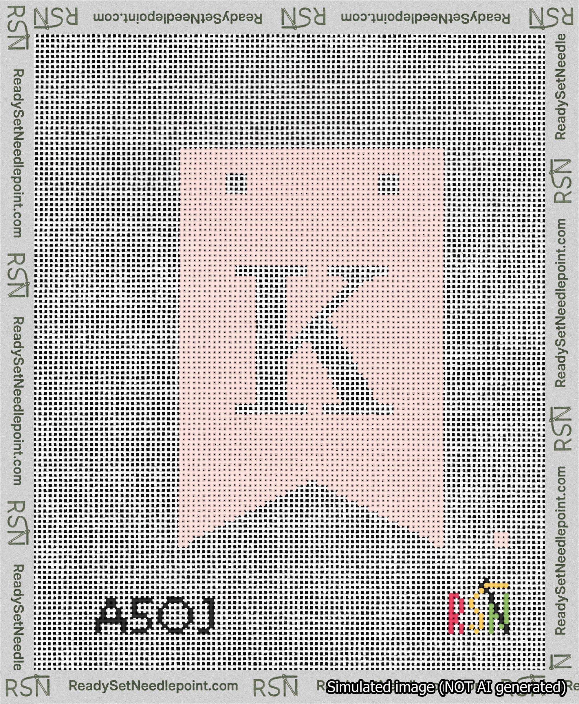 A taped needlepoint canvas with the design: Banner 13 mesh count Forked K White on Pink.