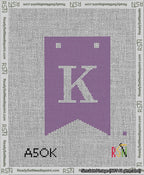 A taped needlepoint canvas with the design: Banner 13 mesh count Forked K White on Purple.