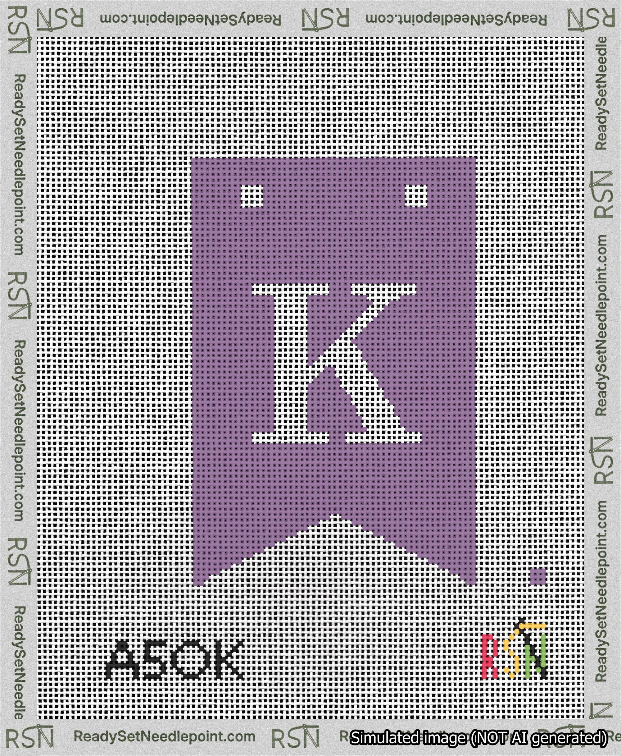 A taped needlepoint canvas with the design: Banner 13 mesh count Forked K White on Purple.
