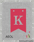 A taped needlepoint canvas with the design: Banner 13 mesh count Forked K White on Red.