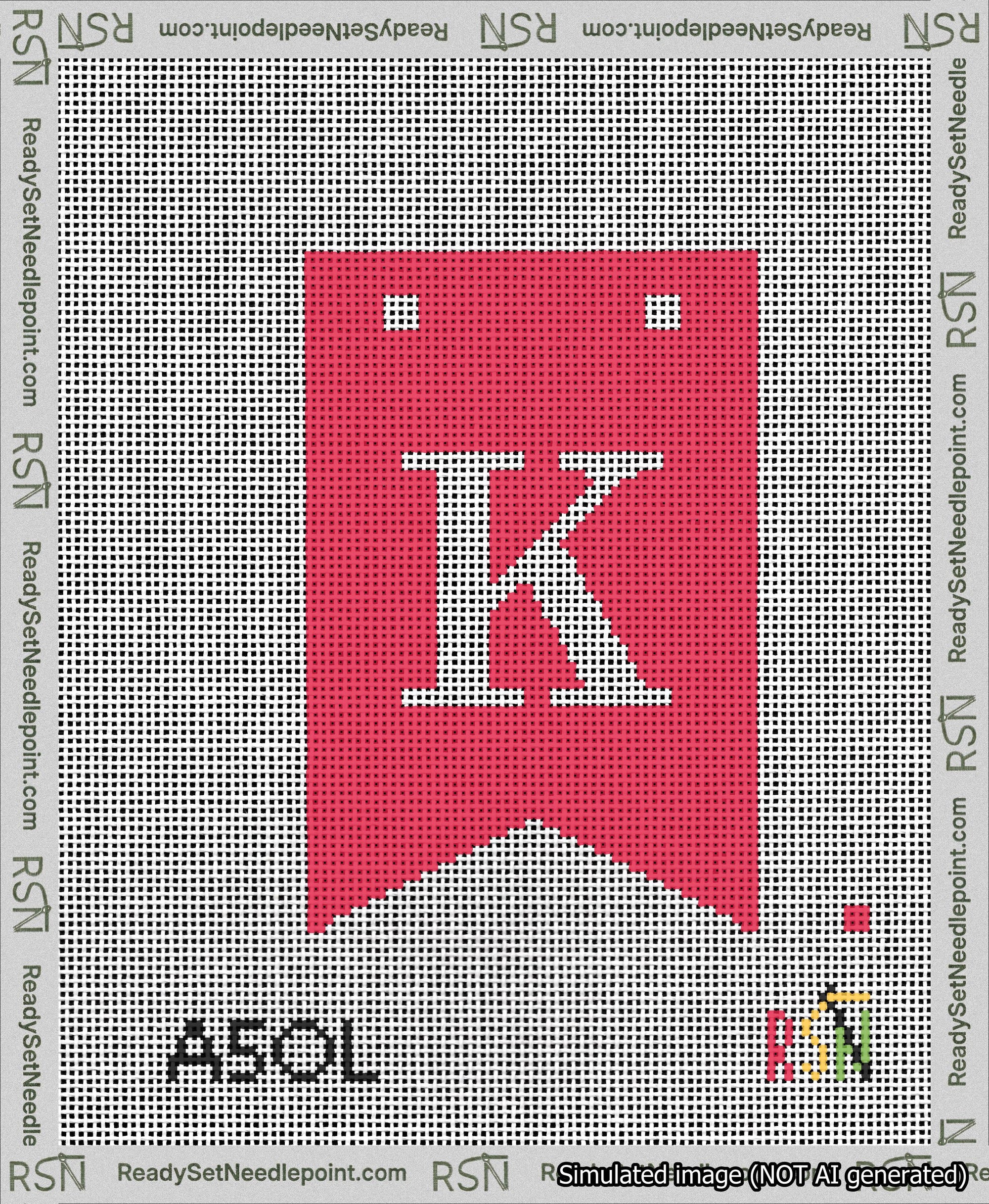 A taped needlepoint canvas with the design: Banner 13 mesh count Forked K White on Red.