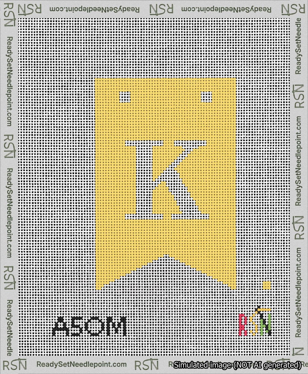 A taped needlepoint canvas with the design: Banner 13 mesh count Forked K White on Yellow.