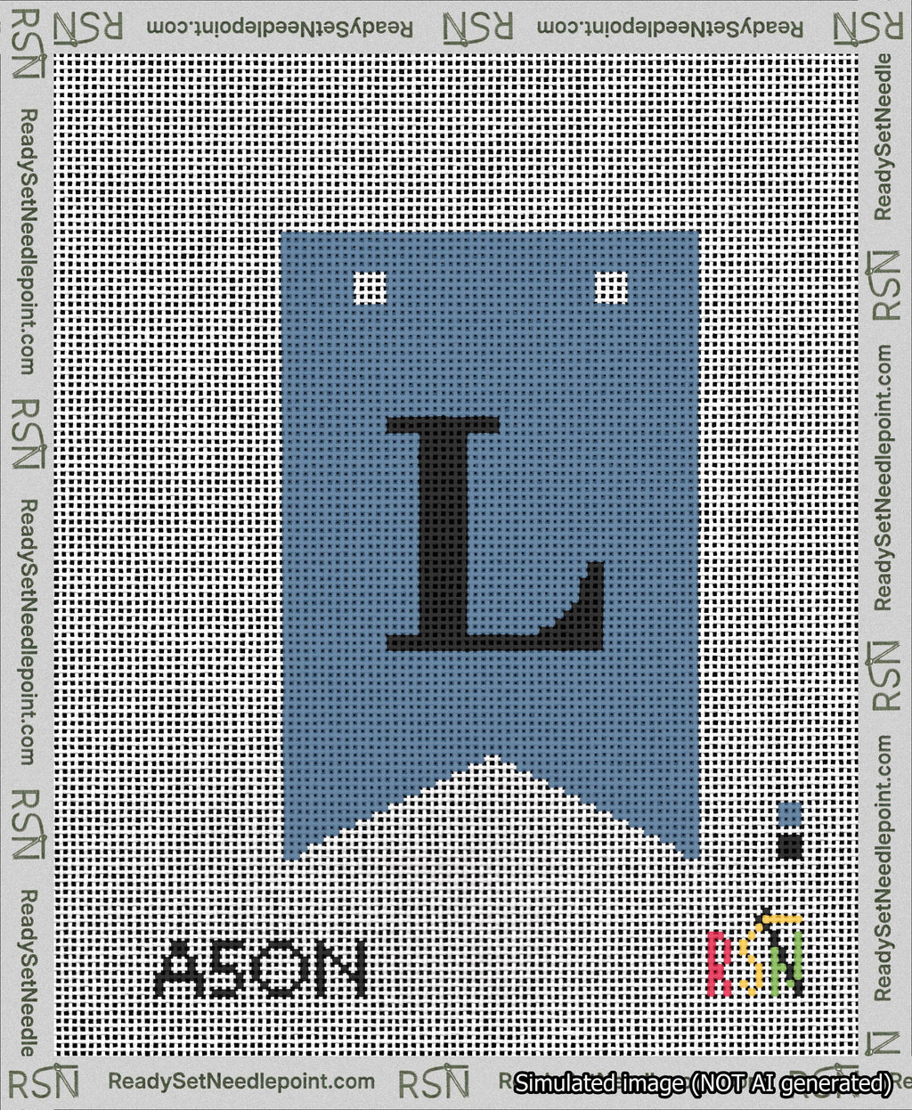 A taped needlepoint canvas with the design: Banner 13 mesh count Forked L Black on Blue.