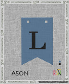 A taped needlepoint canvas with the design: Banner 13 mesh count Forked L Black on Blue.