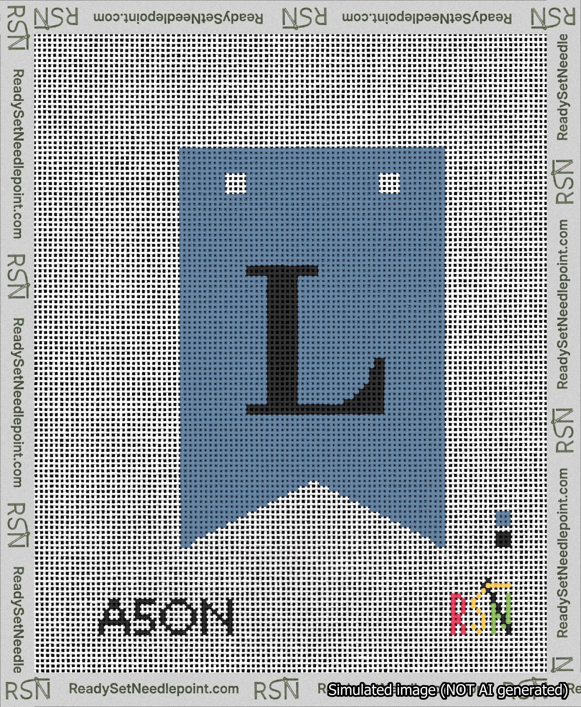 A taped needlepoint canvas with the design: Banner 13 mesh count Forked L Black on Blue.