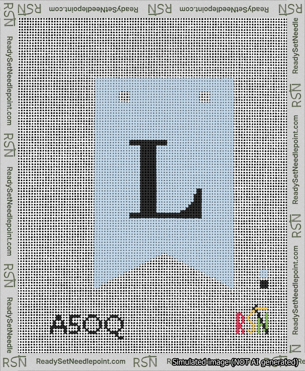 A taped needlepoint canvas with the design: Banner 13 mesh count Forked L Black on Light Blue.