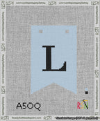 A taped needlepoint canvas with the design: Banner 13 mesh count Forked L Black on Light Blue.