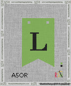 A taped needlepoint canvas with the design: Banner 13 mesh count Forked L Black on Light Green.