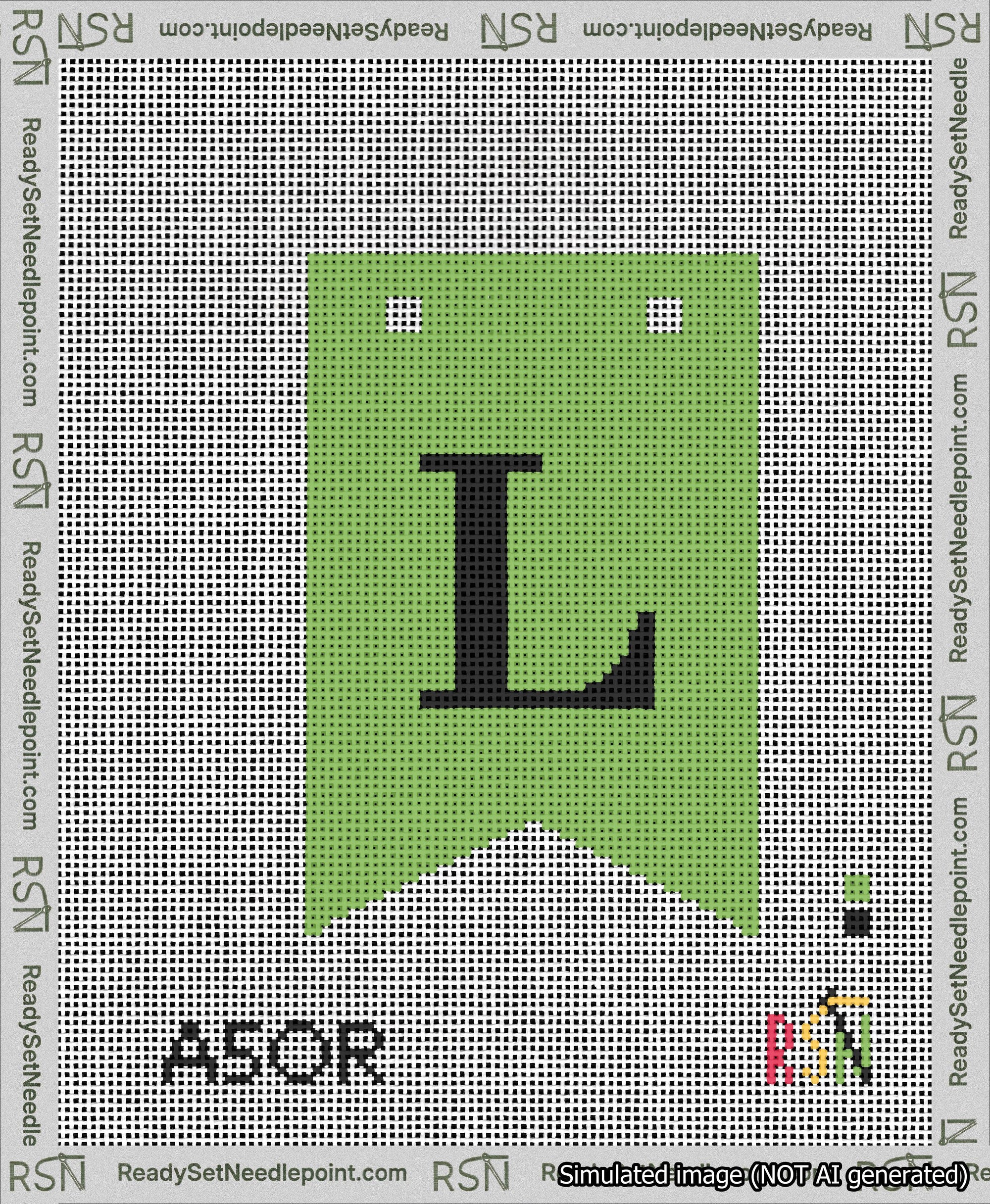 A taped needlepoint canvas with the design: Banner 13 mesh count Forked L Black on Light Green.