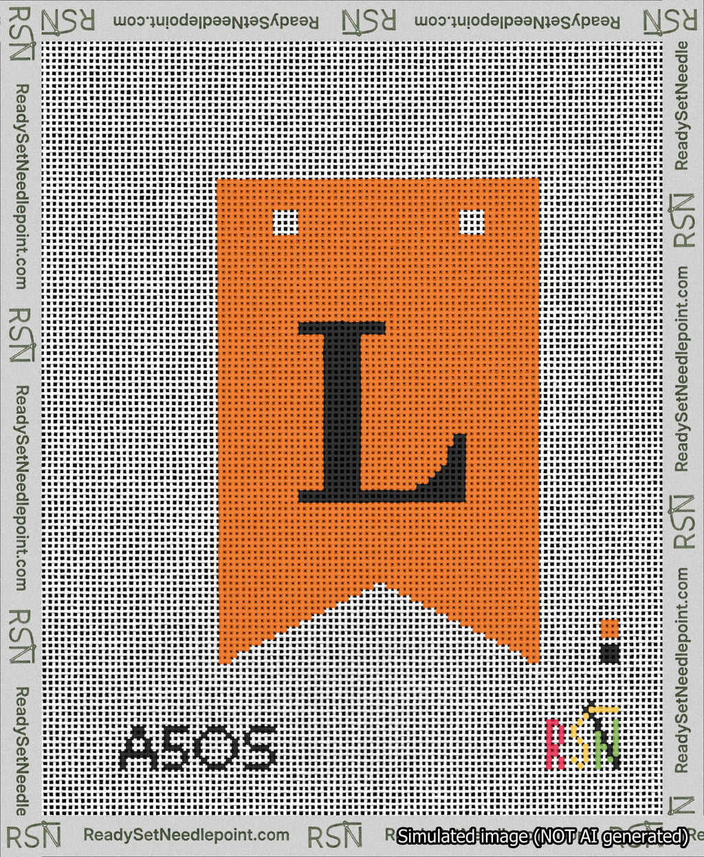 A taped needlepoint canvas with the design: Banner 13 mesh count Forked L Black on Orange.