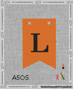 A taped needlepoint canvas with the design: Banner 13 mesh count Forked L Black on Orange.