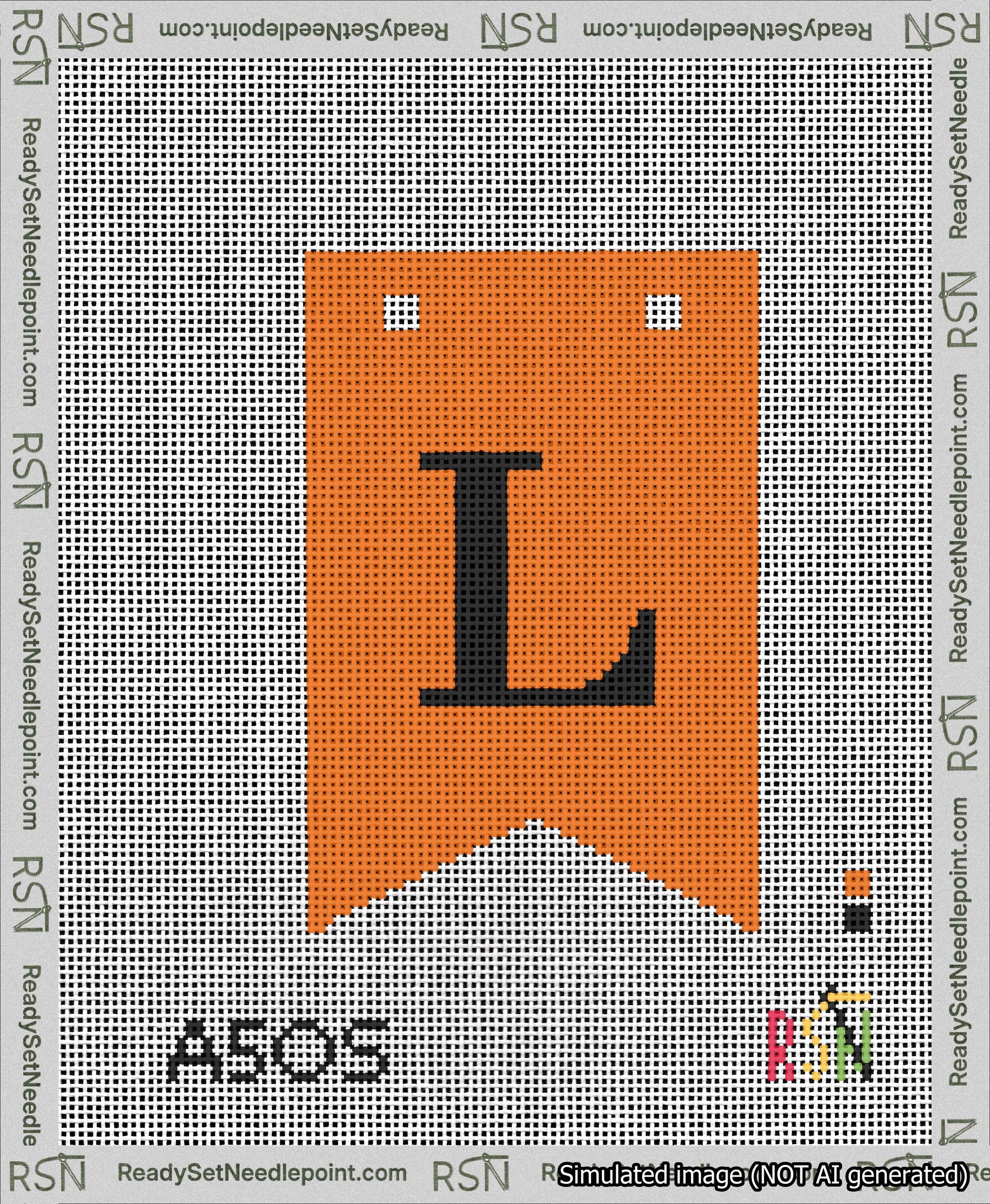 A taped needlepoint canvas with the design: Banner 13 mesh count Forked L Black on Orange.