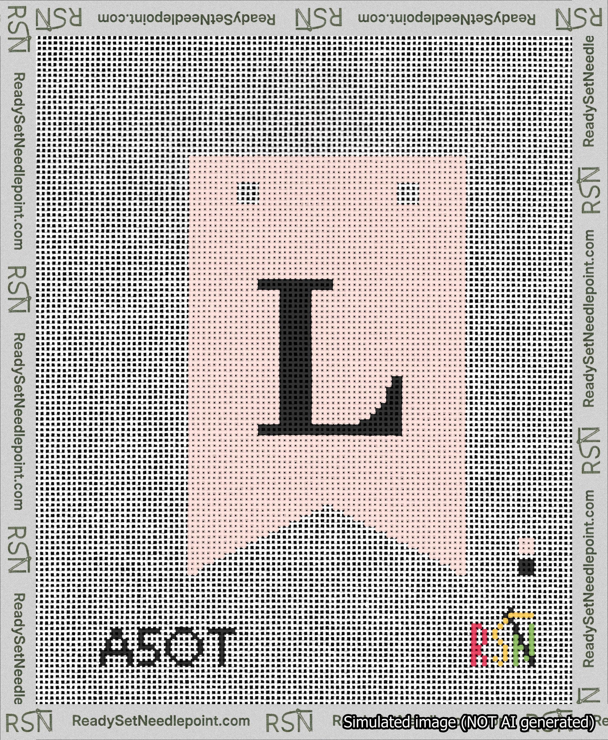 A taped needlepoint canvas with the design: Banner 13 mesh count Forked L Black on Pink.