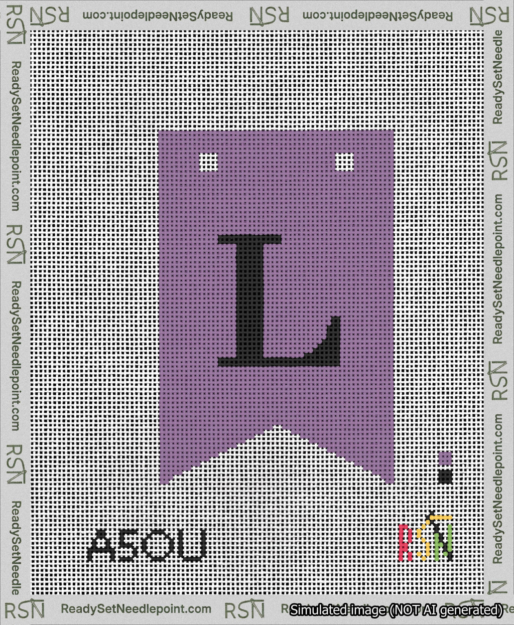 A taped needlepoint canvas with the design: Banner 13 mesh count Forked L Black on Purple.