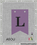 A taped needlepoint canvas with the design: Banner 13 mesh count Forked L Black on Purple.