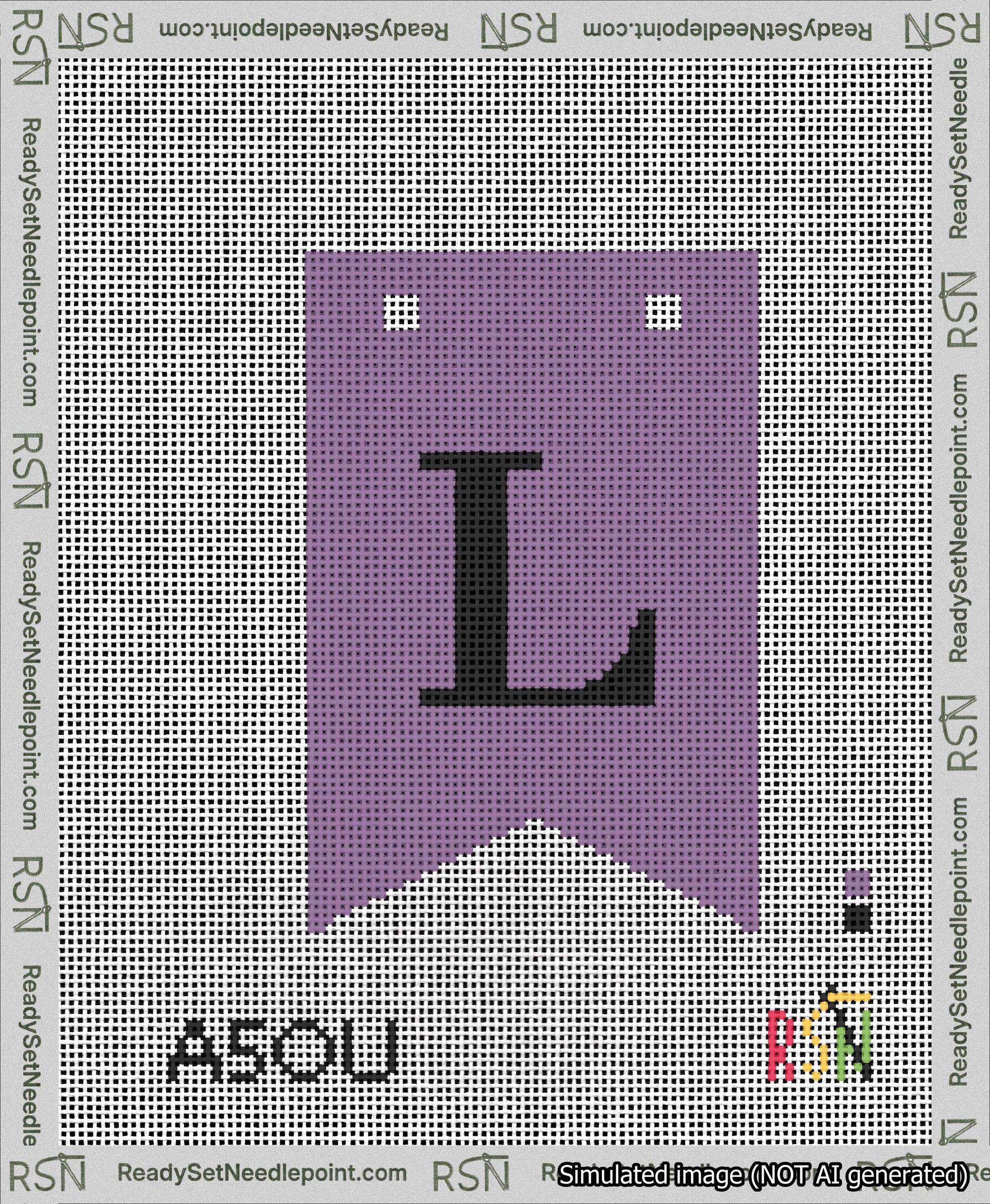 A taped needlepoint canvas with the design: Banner 13 mesh count Forked L Black on Purple.