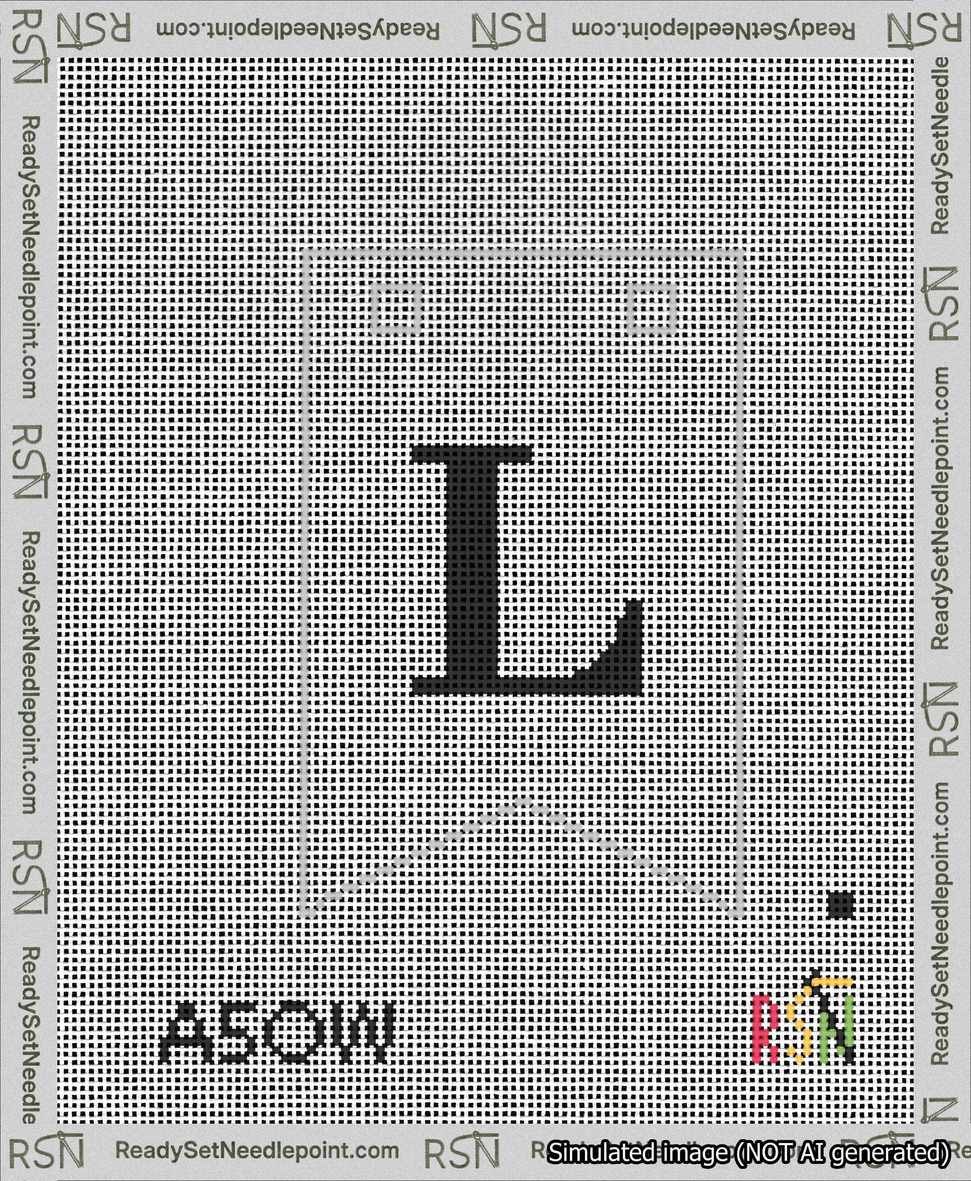 A taped needlepoint canvas with the design: Banner 13 mesh count Forked L Black on White.