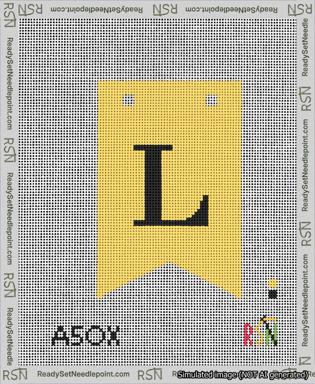 A taped needlepoint canvas with the design: Banner 13 mesh count Forked L Black on Yellow.