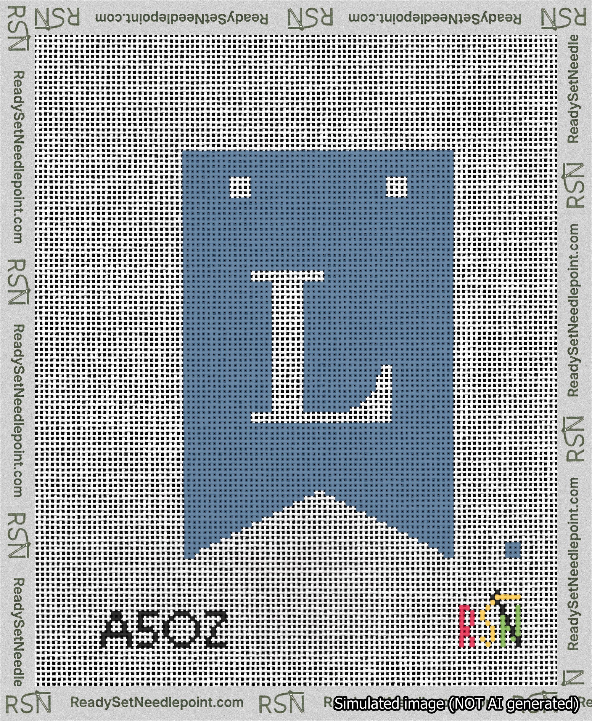 A taped needlepoint canvas with the design: Banner 13 mesh count Forked L White on Blue.