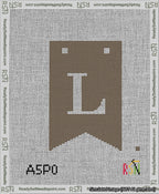 A taped needlepoint canvas with the design: Banner 13 mesh count Forked L White on Brown.