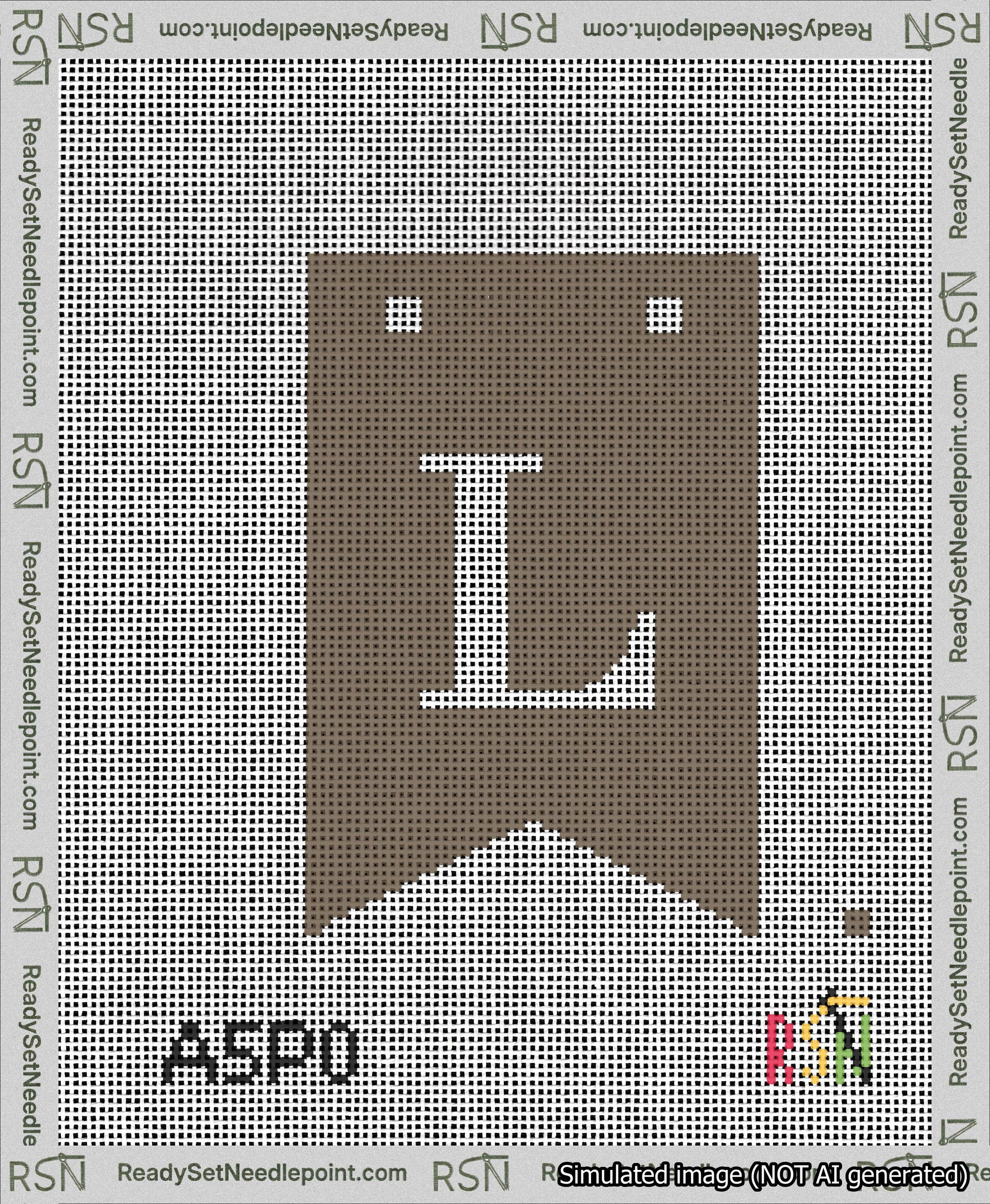 A taped needlepoint canvas with the design: Banner 13 mesh count Forked L White on Brown.