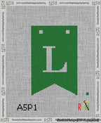 A taped needlepoint canvas with the design: Banner 13 mesh count Forked L White on Green.