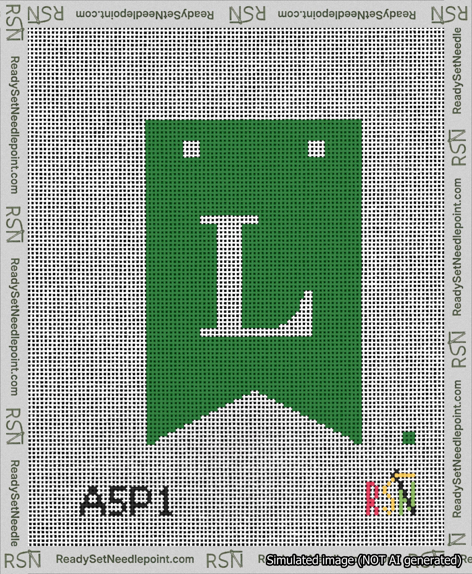 A taped needlepoint canvas with the design: Banner 13 mesh count Forked L White on Green.