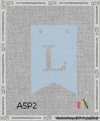A taped needlepoint canvas with the design: Banner 13 mesh count Forked L White on Light Blue.