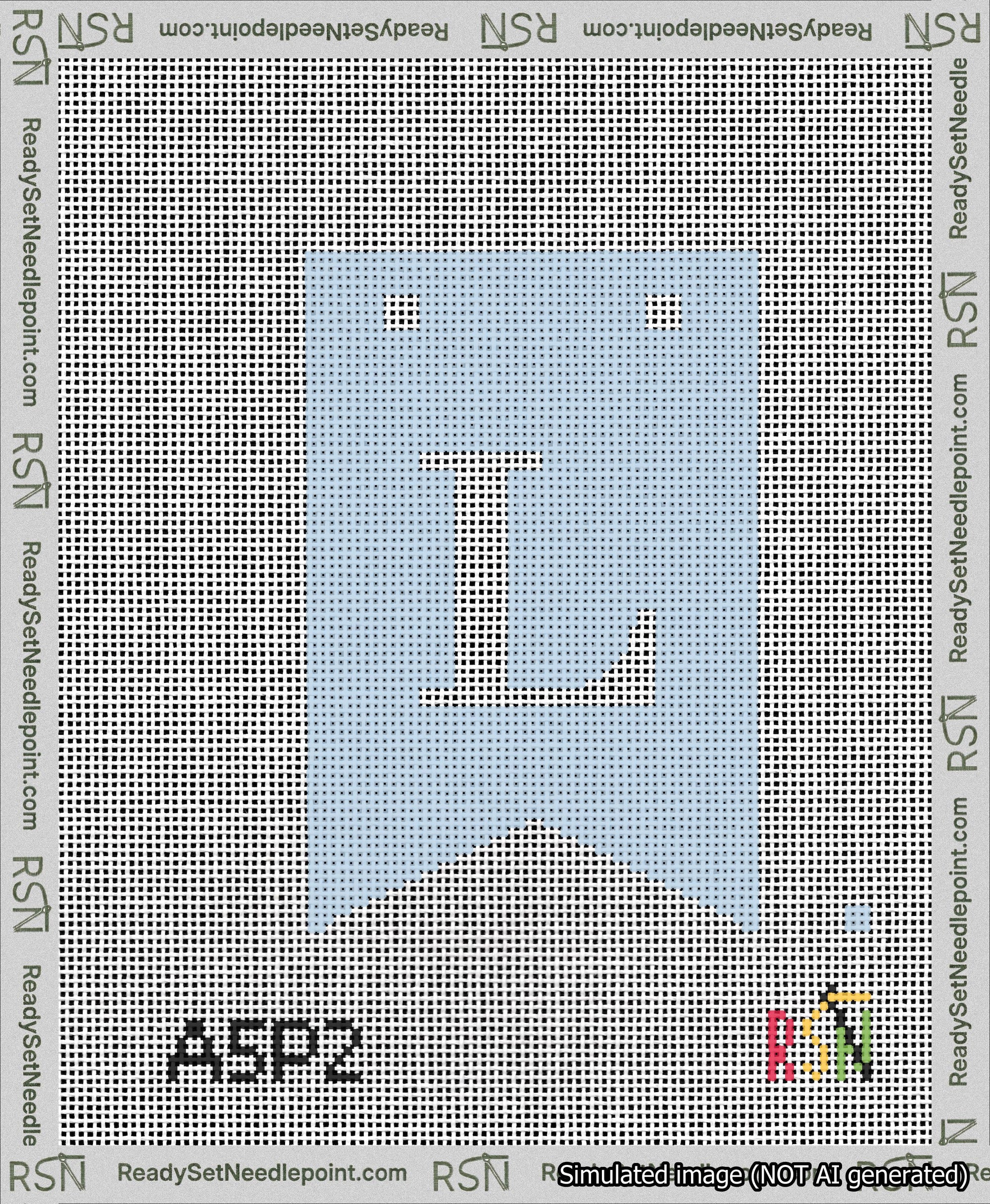 A taped needlepoint canvas with the design: Banner 13 mesh count Forked L White on Light Blue.
