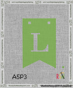 A taped needlepoint canvas with the design: Banner 13 mesh count Forked L White on Light Green.