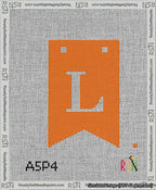 A taped needlepoint canvas with the design: Banner 13 mesh count Forked L White on Orange.