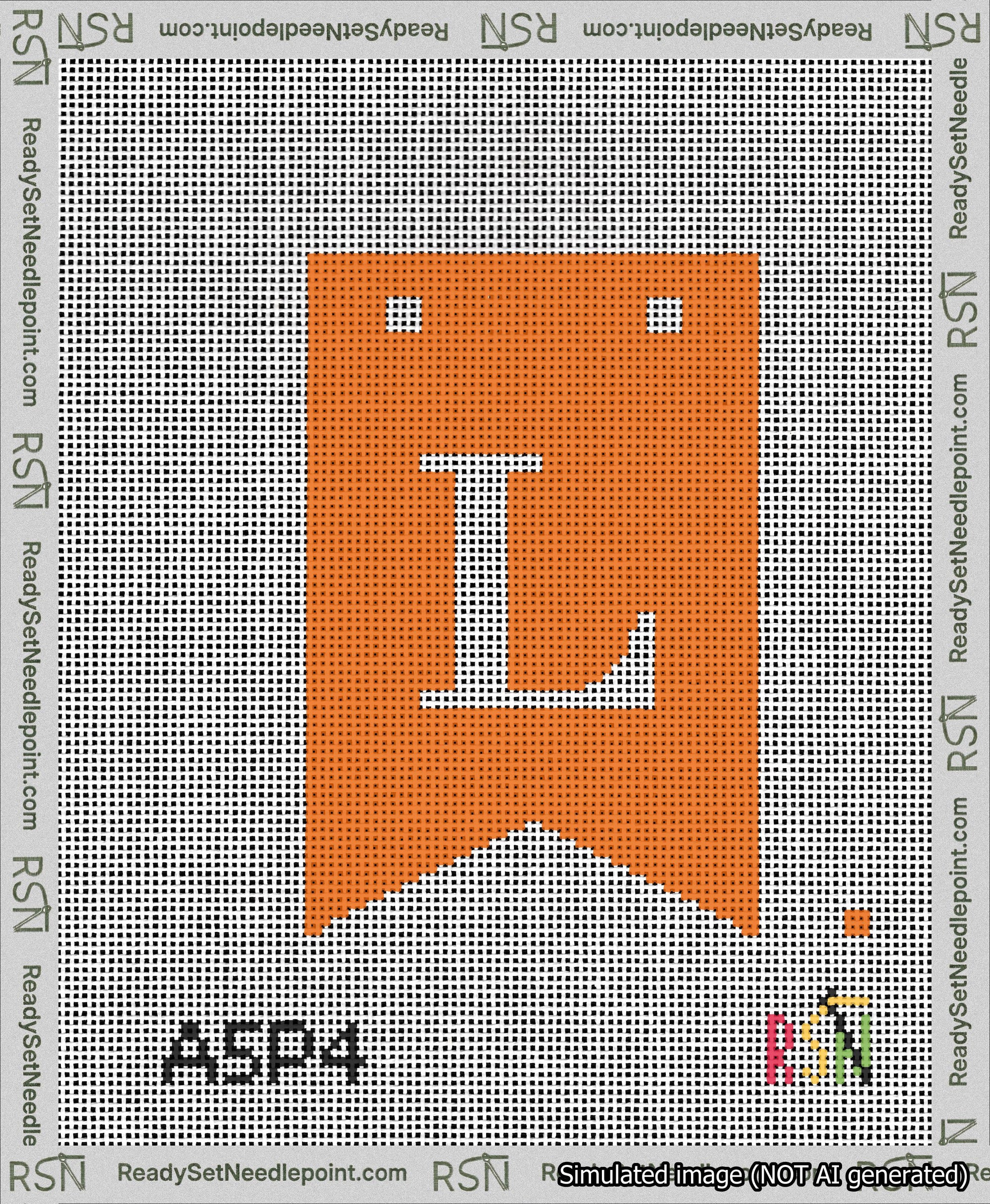 A taped needlepoint canvas with the design: Banner 13 mesh count Forked L White on Orange.