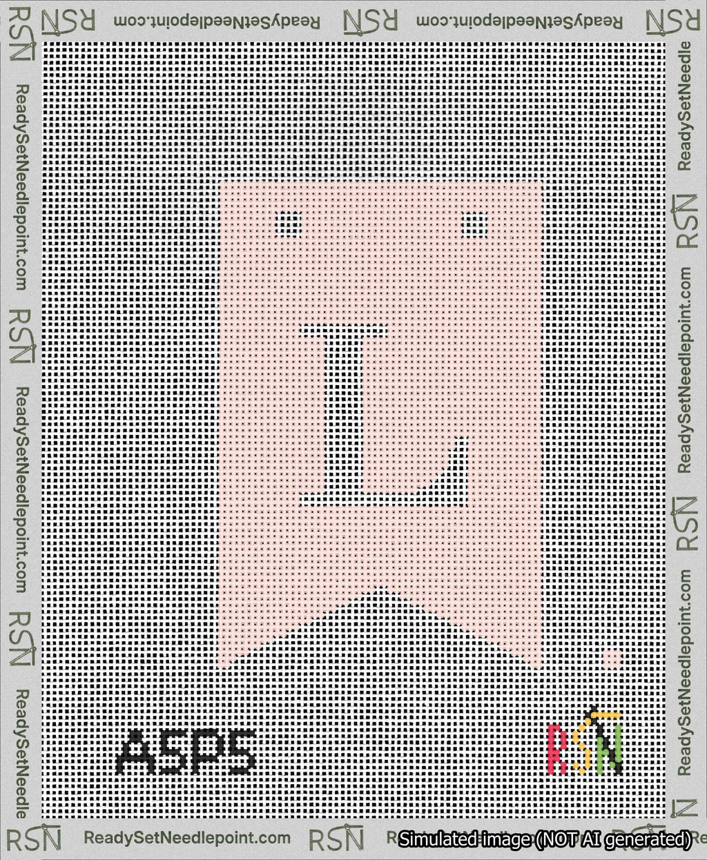 A taped needlepoint canvas with the design: Banner 13 mesh count Forked L White on Pink.