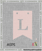A taped needlepoint canvas with the design: Banner 13 mesh count Forked L White on Pink.
