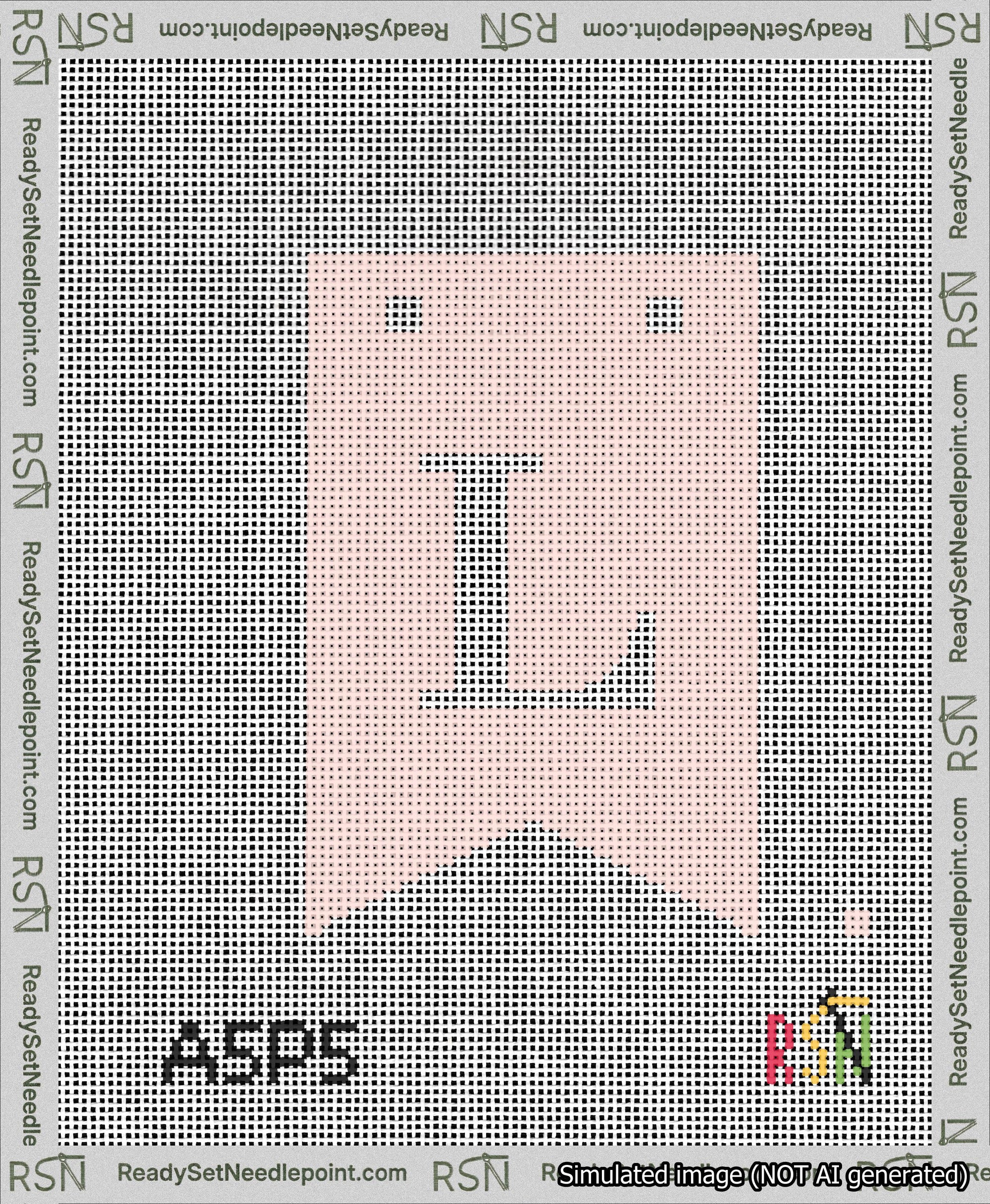 A taped needlepoint canvas with the design: Banner 13 mesh count Forked L White on Pink.