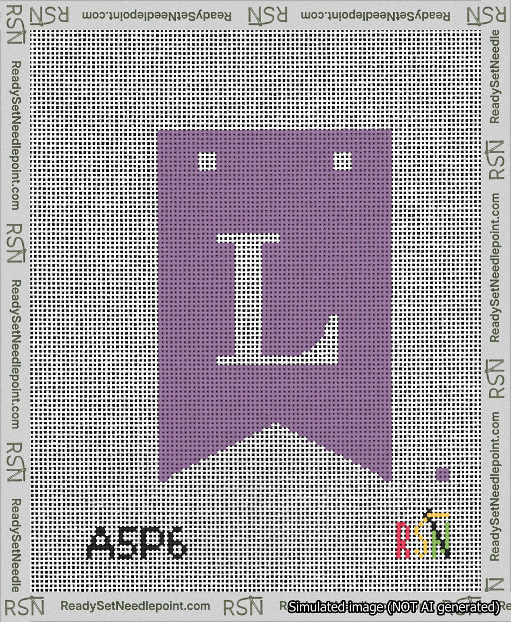 A taped needlepoint canvas with the design: Banner 13 mesh count Forked L White on Purple.