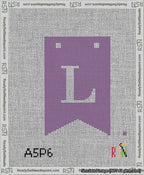 A taped needlepoint canvas with the design: Banner 13 mesh count Forked L White on Purple.